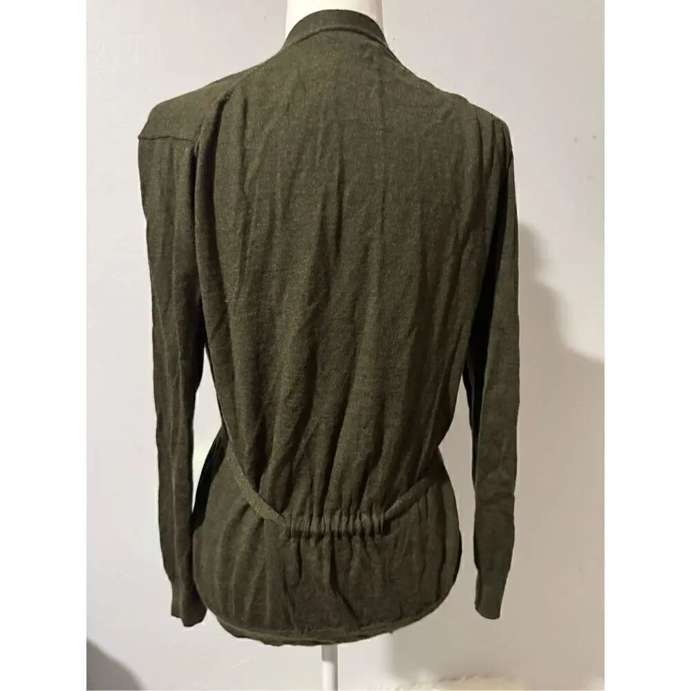 J. Crew olive green 100% merino Wool cardigan tie sweater S button front - Picture 2 of 7